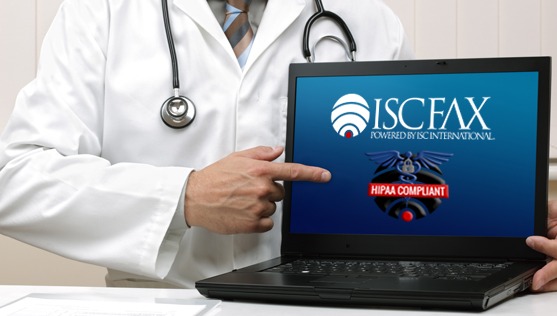 Doctor pointing to laptop with HIPAA compliant badge